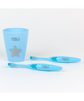 Set 2 Cepillos de dientes y Vasito Personalizados Azul